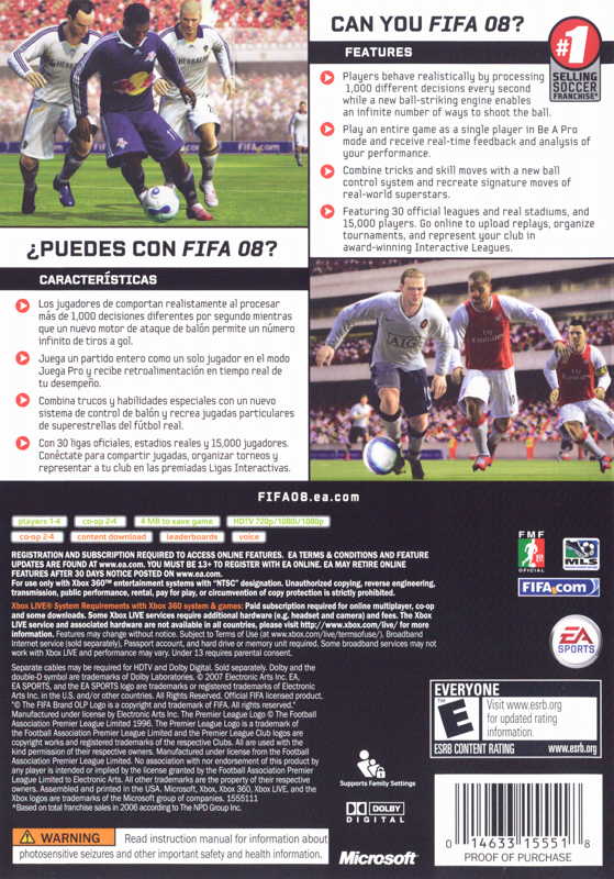 Back Cover for FIFA Soccer 08 (Xbox 360)