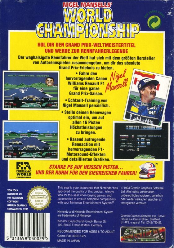 Back Cover for Nigel Mansell's World Championship Racing (NES)