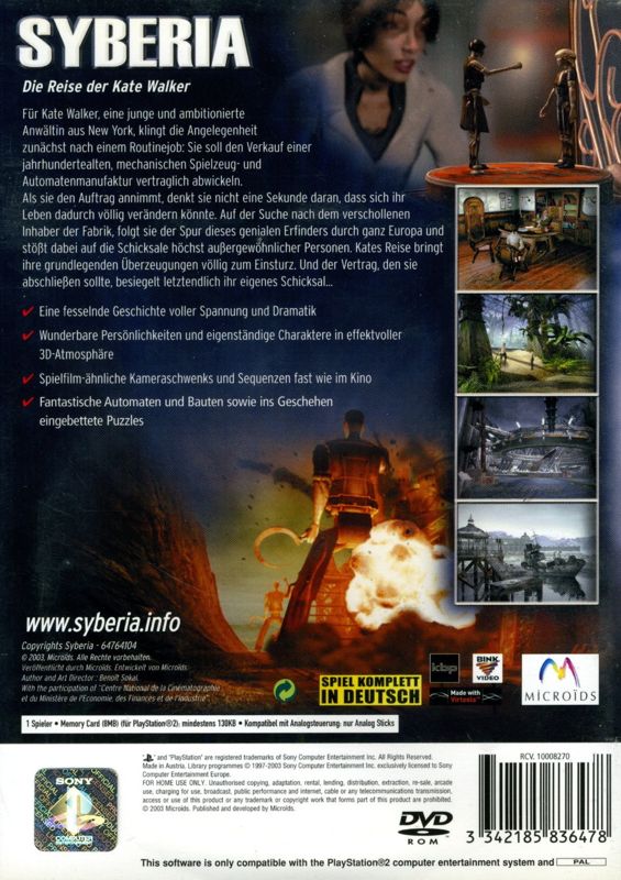 Back Cover for Syberia (PlayStation 2)