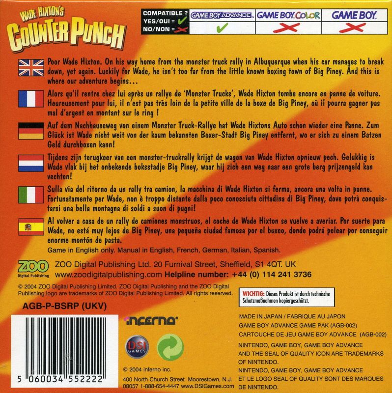 Back Cover for Wade Hixton's Counter Punch (Game Boy Advance)