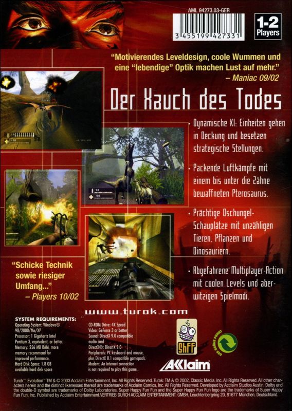 Back Cover for Turok: Evolution (Windows) (Censored German version)