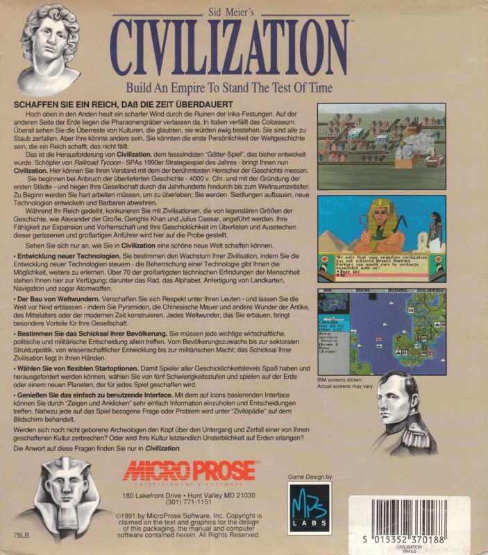 Back Cover for Sid Meier's Civilization (DOS) (3.5" Floppy Disk release)