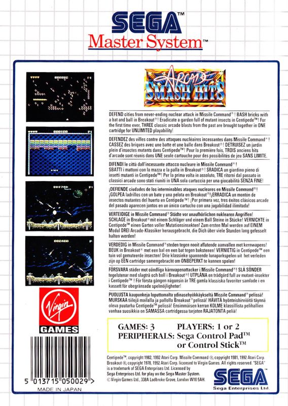 Back Cover for Arcade Smash Hits (SEGA Master System)