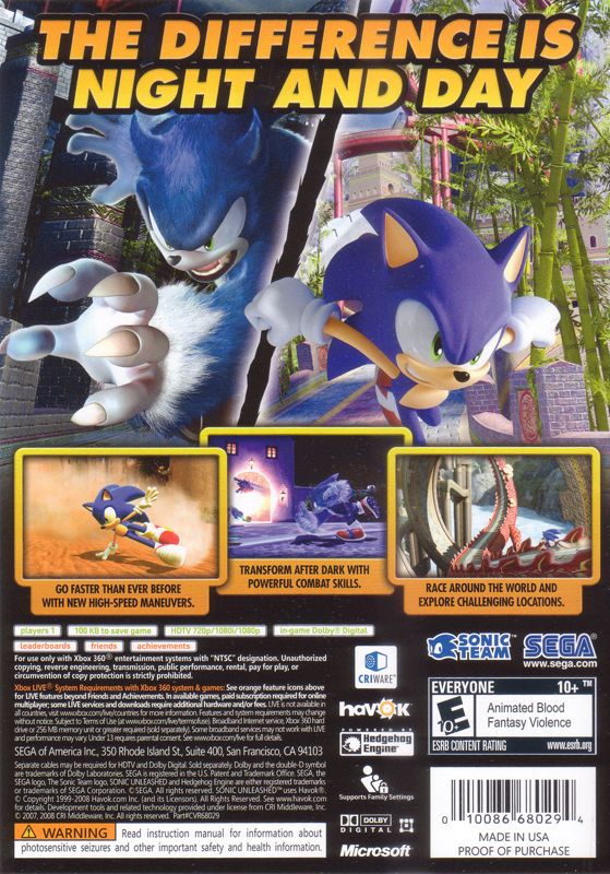 Back Cover for Sonic: Unleashed (Xbox 360)