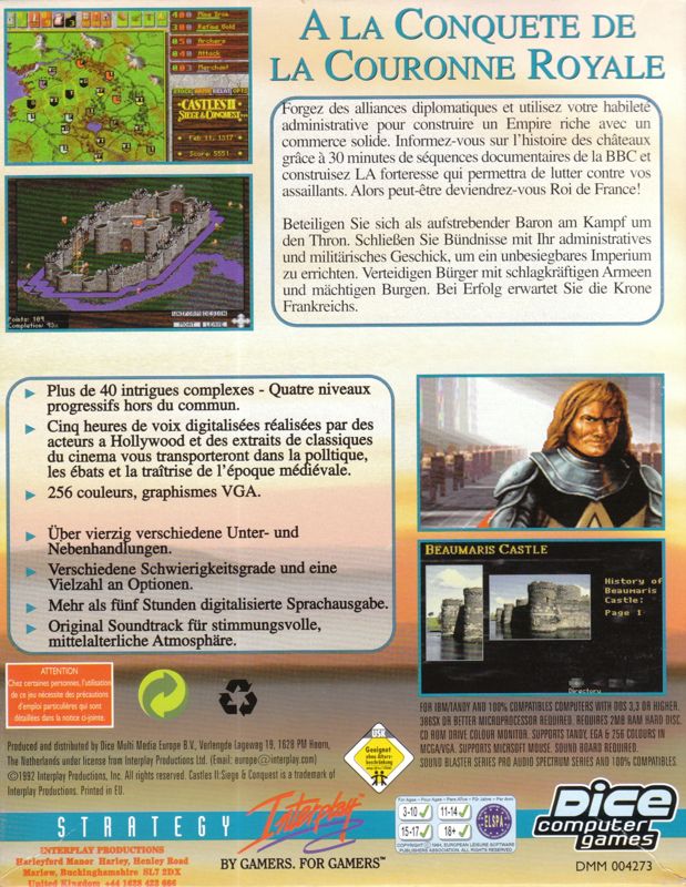 Back Cover for Castles II: Siege & Conquest (DOS) (Dice Multi Media CD-ROM release)
