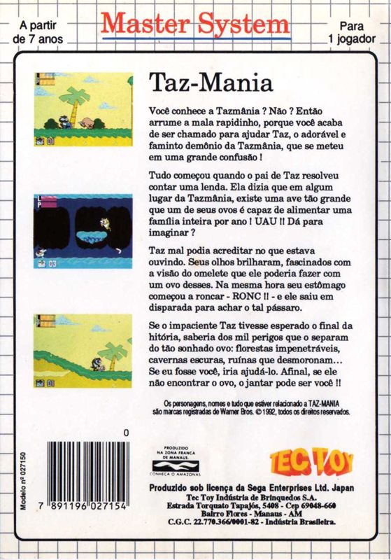 Back Cover for Taz-Mania (SEGA Master System)