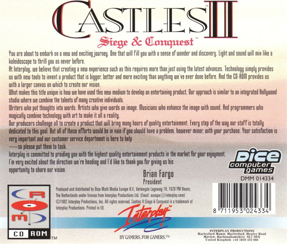 Other for Castles II: Siege & Conquest (DOS) (Dice Multi Media CD-ROM release): Jewel Case - Back