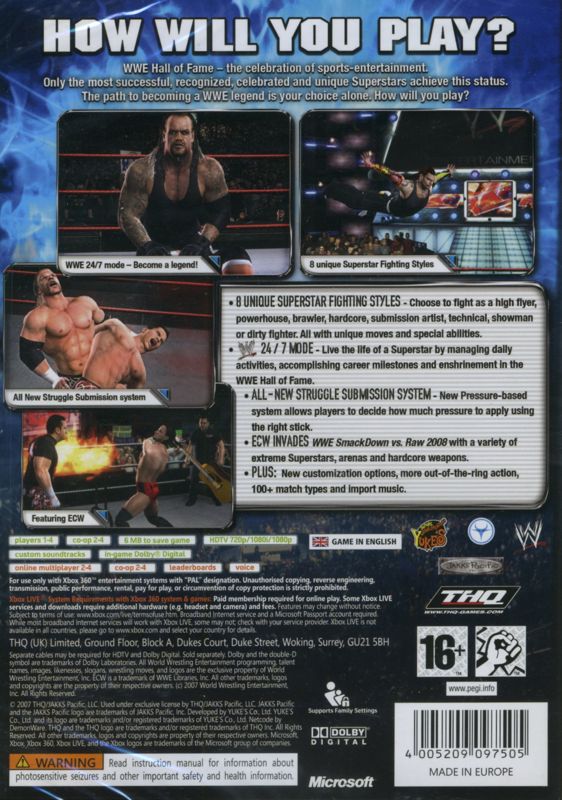 Back Cover for WWE Smackdown vs. Raw 2008 (Xbox 360)