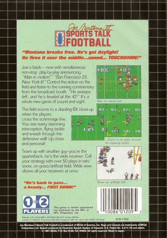 Back Cover for Joe Montana II: Sports Talk Football (Genesis)
