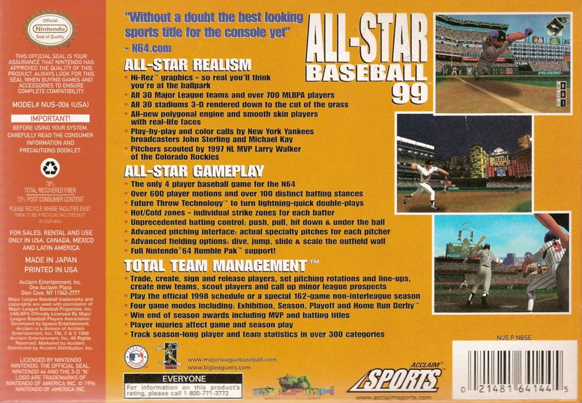 Back Cover for All-Star Baseball 99 (Nintendo 64)