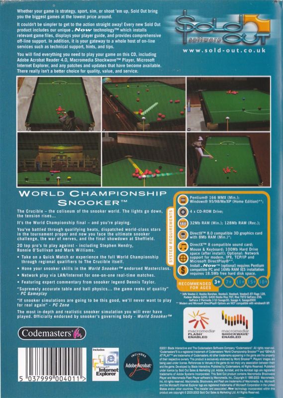 Back Cover for World Championship Snooker (Windows) (Sold Out Software release)