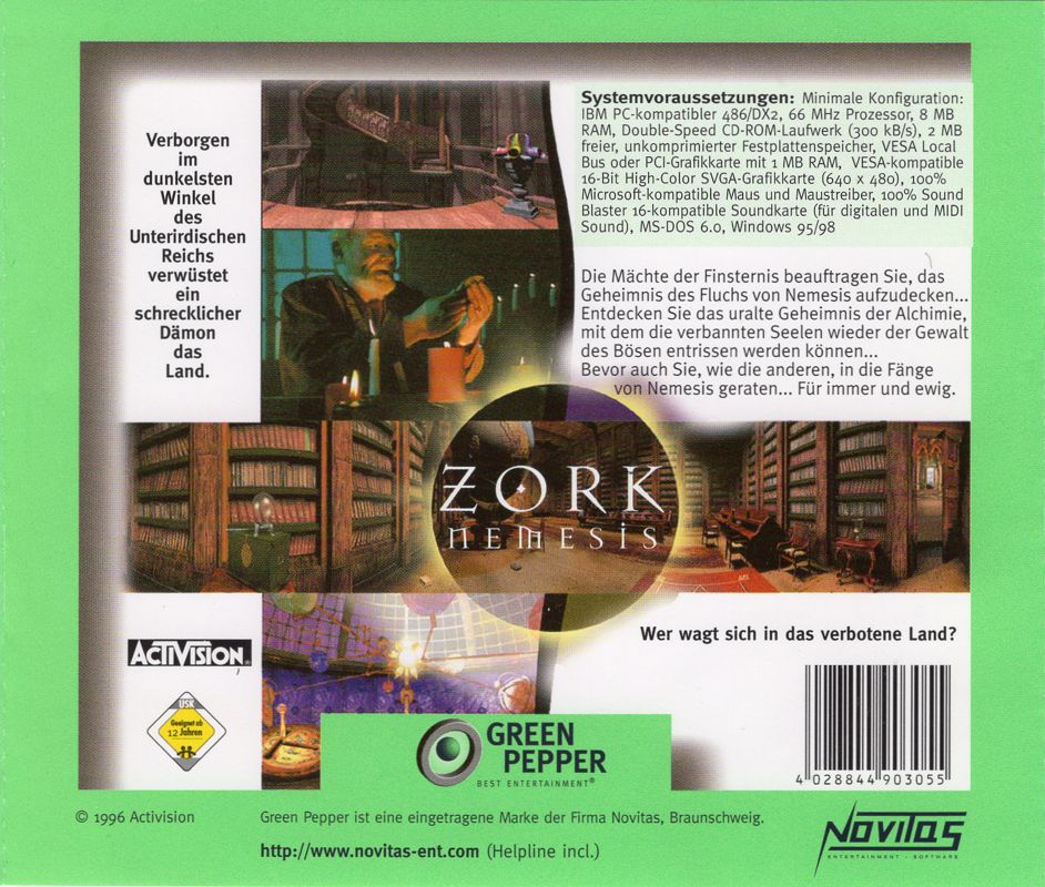 Back Cover for Zork Nemesis: The Forbidden Lands (DOS and Windows) (Green Pepper re-release in Quad Jewel Case (#50))