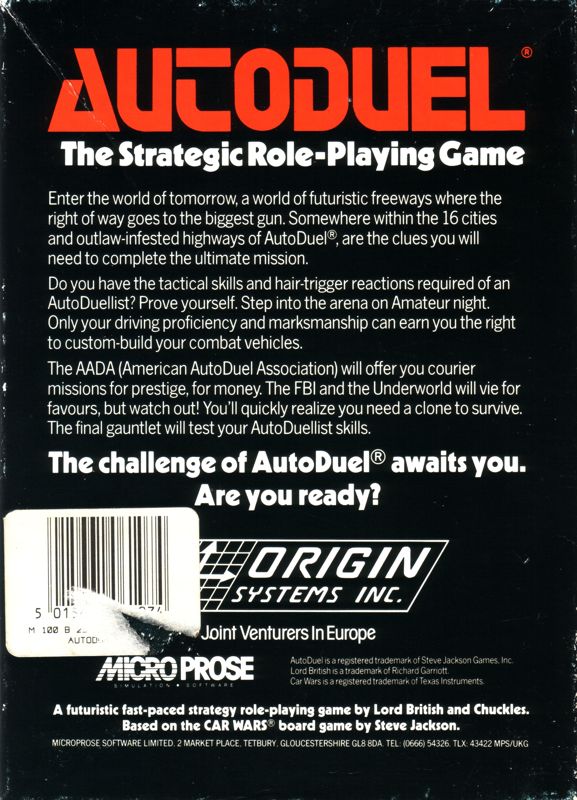 Back Cover for AutoDuel (DOS)