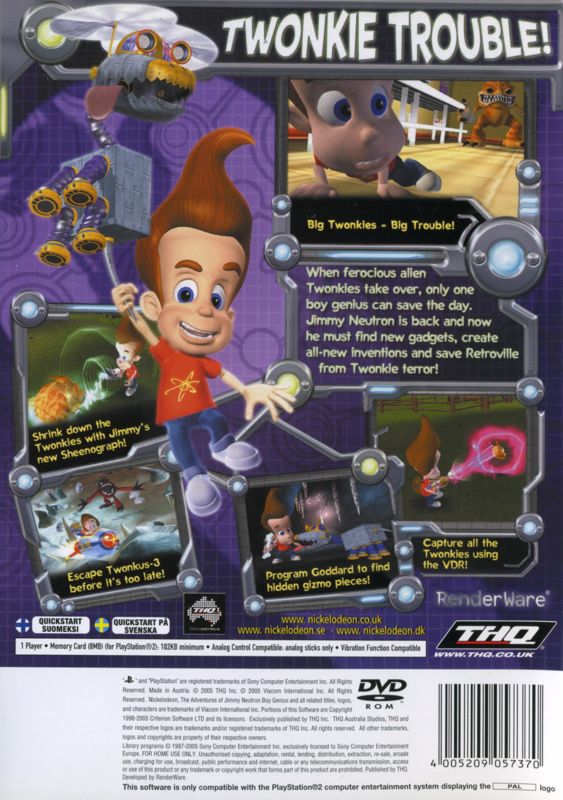 Back Cover for The Adventures of Jimmy Neutron: Boy Genius - Attack of the Twonkies (PlayStation 2)