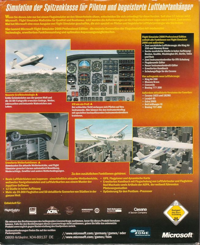 Back Cover for Microsoft Flight Simulator 2000: Professional Edition (Windows)
