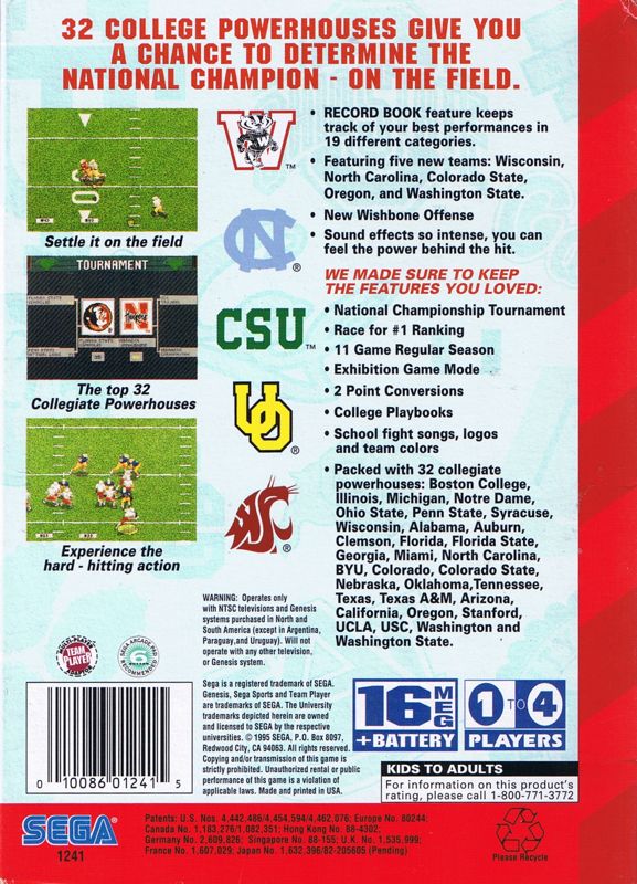 Back Cover for College Football's National Championship II (Genesis)