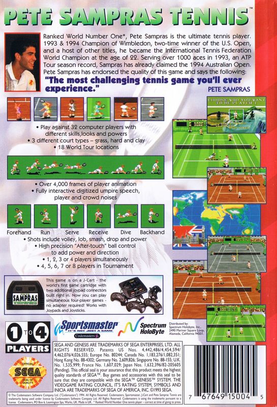 Back Cover for Pete Sampras Tennis (Genesis) (J-Cart version)
