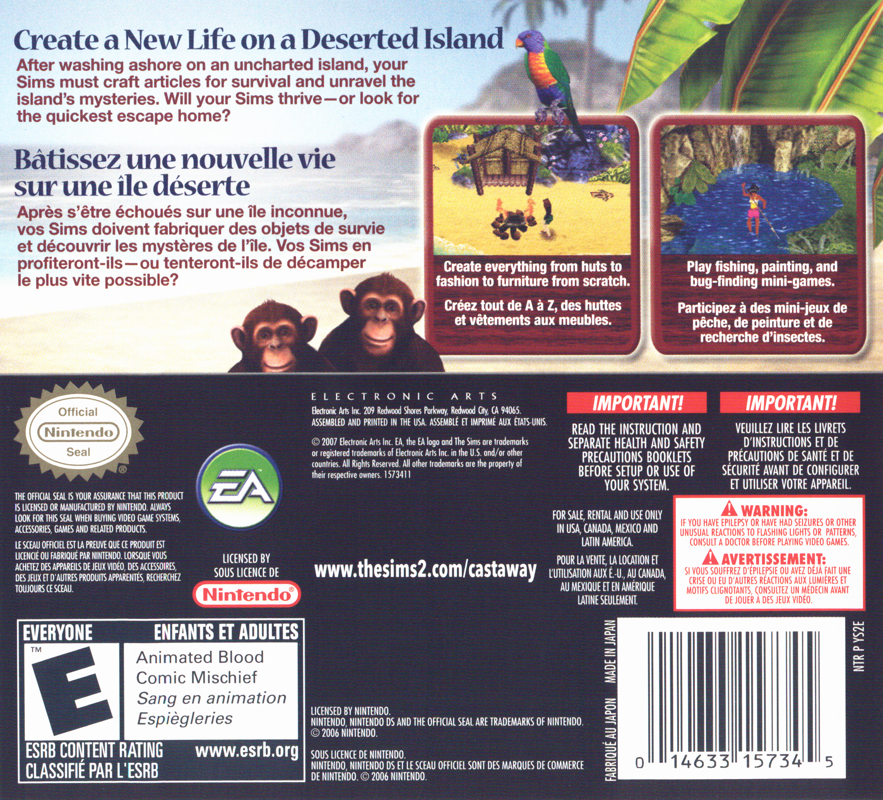 Back Cover for The Sims 2: Castaway (Nintendo DS)
