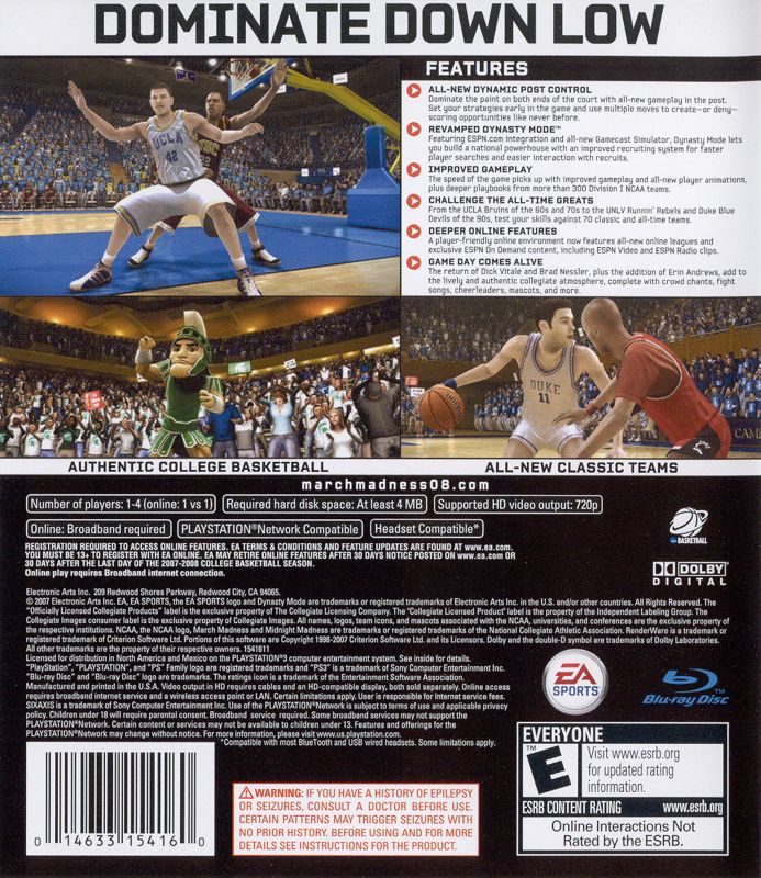 Back Cover for NCAA March Madness 08 (PlayStation 3)