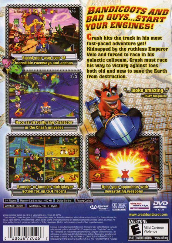 Back Cover for Crash Nitro Kart (PlayStation 2) (Greatest Hits release)