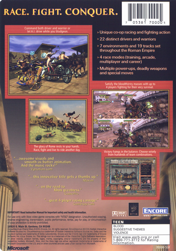 Back Cover for Circus Maximus: Chariot Wars (Xbox)