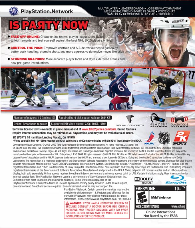 Back Cover for NHL 2K10 (PlayStation 3)