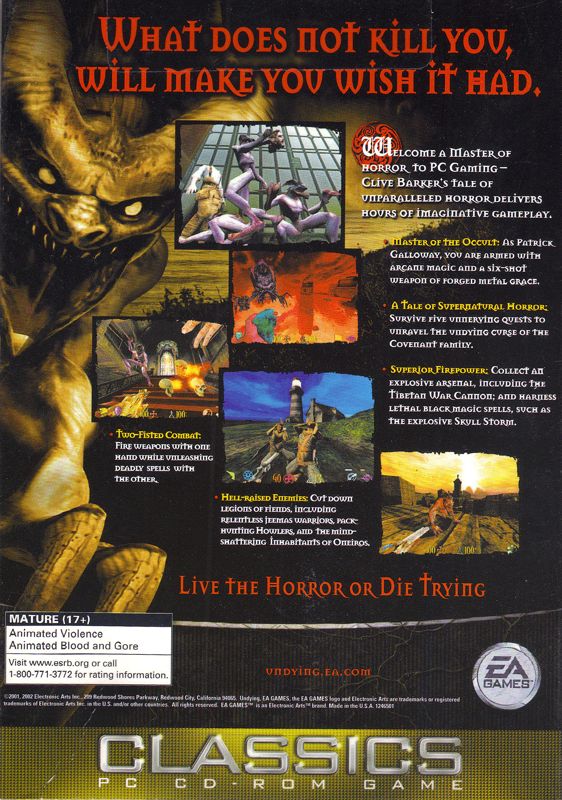 Back Cover for Clive Barker's Undying (Windows) (EA Classics release)