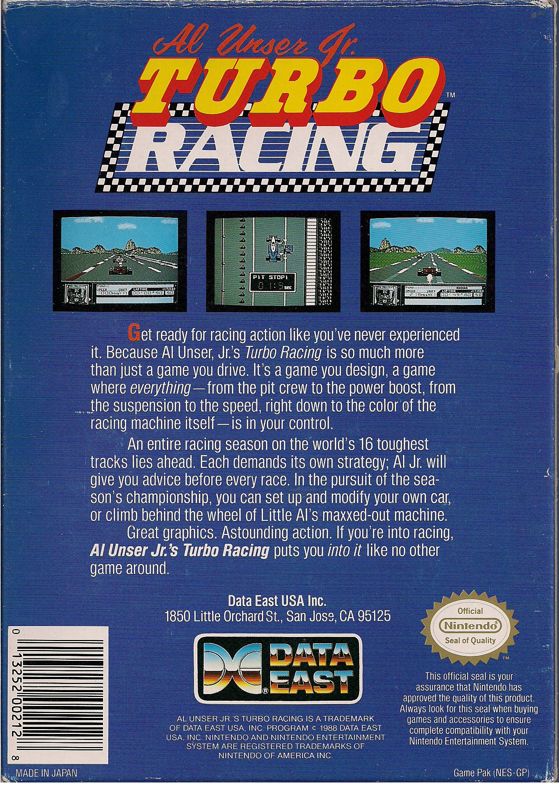 Back Cover for Al Unser Jr. Turbo Racing (NES)