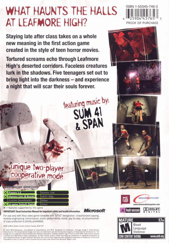 Back Cover for ObsCure (Xbox)