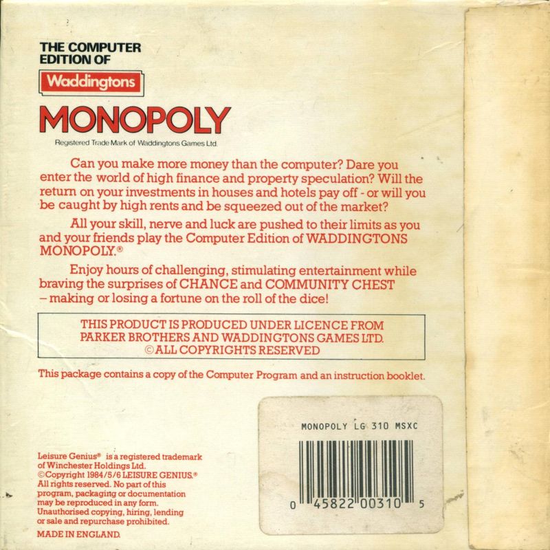 Back Cover for Monopoly (MSX)
