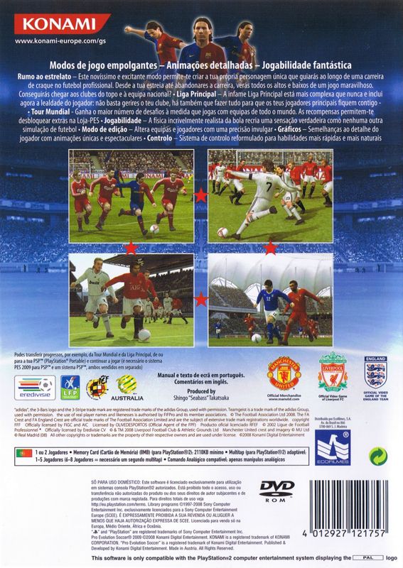 Back Cover for PES 2009: Pro Evolution Soccer (PlayStation 2)