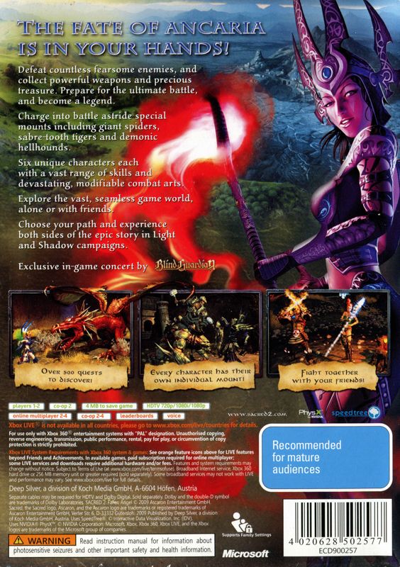 Back Cover for Sacred 2: Fallen Angel (Xbox 360)