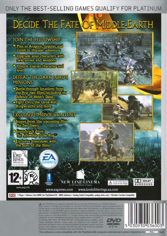 Back Cover for The Lord of the Rings: The Two Towers (PlayStation 2) (Platinum release)