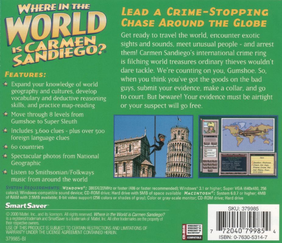 Back Cover for Where in the World is Carmen Sandiego? (CD-ROM) (Macintosh and Windows and Windows 3.x) (Smart Saver release)