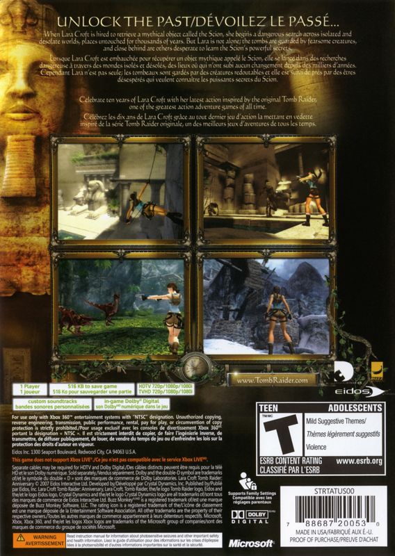 Back Cover for Lara Croft: Tomb Raider - Anniversary (Xbox 360)