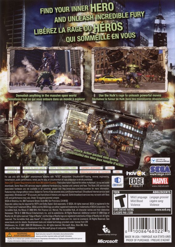 Back Cover for The Incredible Hulk (Xbox 360)
