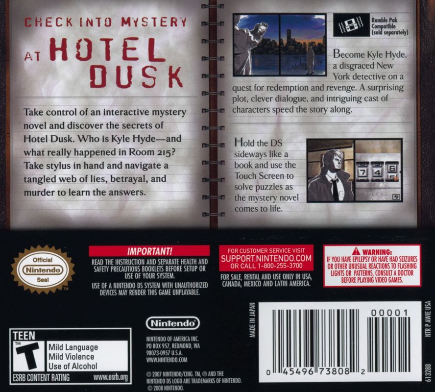 Back Cover for Hotel Dusk: Room 215 (Nintendo DS) (2008 release)