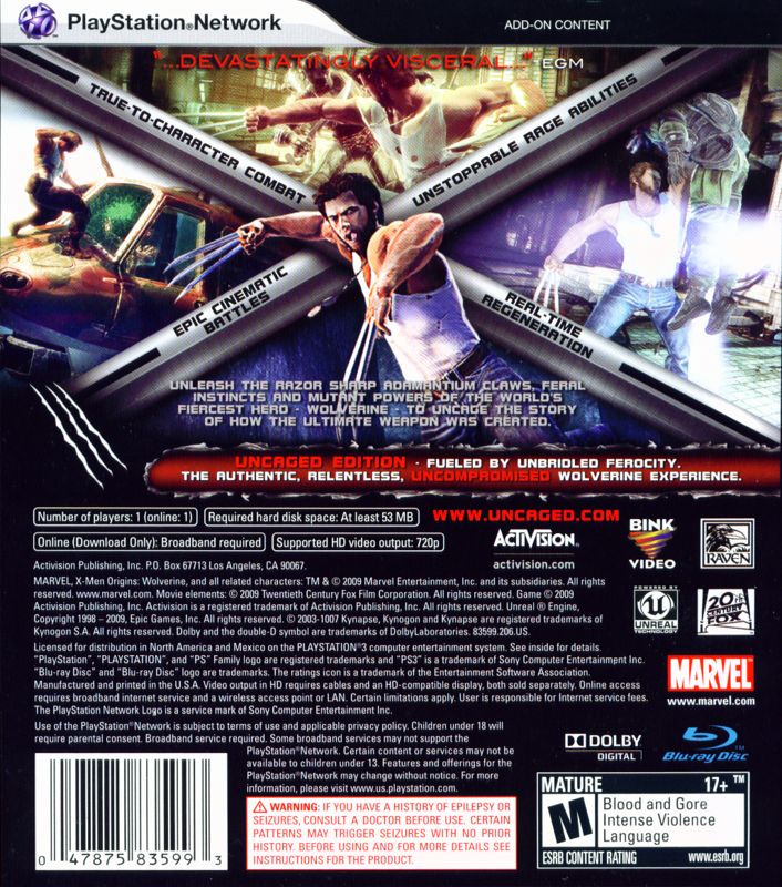 Back Cover for X-Men Origins: Wolverine - Uncaged Edition (PlayStation 3)