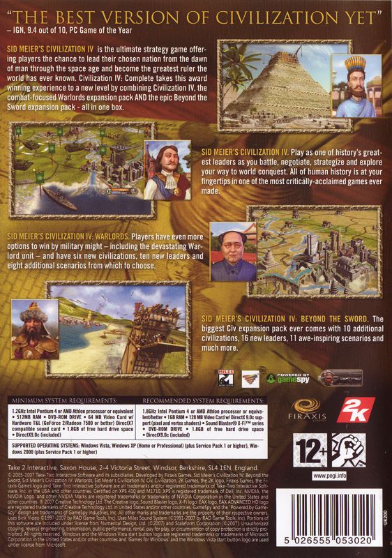 Back Cover for Sid Meier's Civilization IV: Complete (Windows)