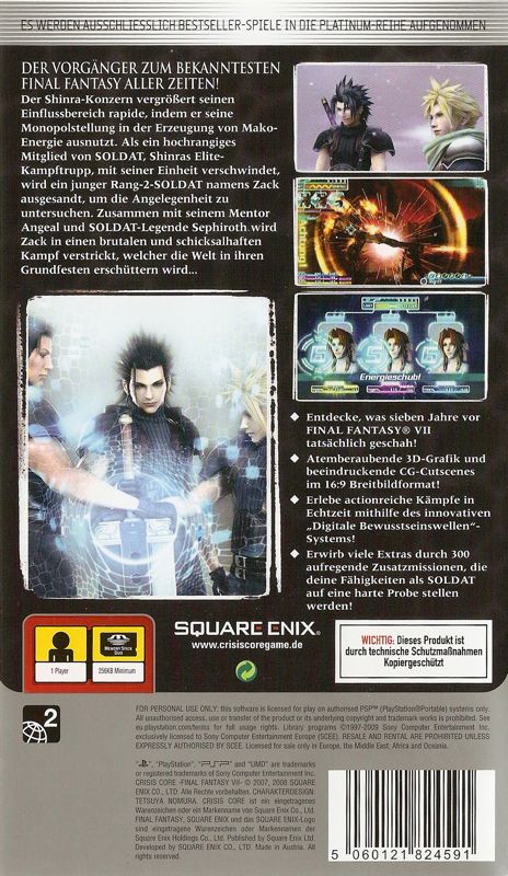 Back Cover for Crisis Core: Final Fantasy VII (PSP) (Platinum release)