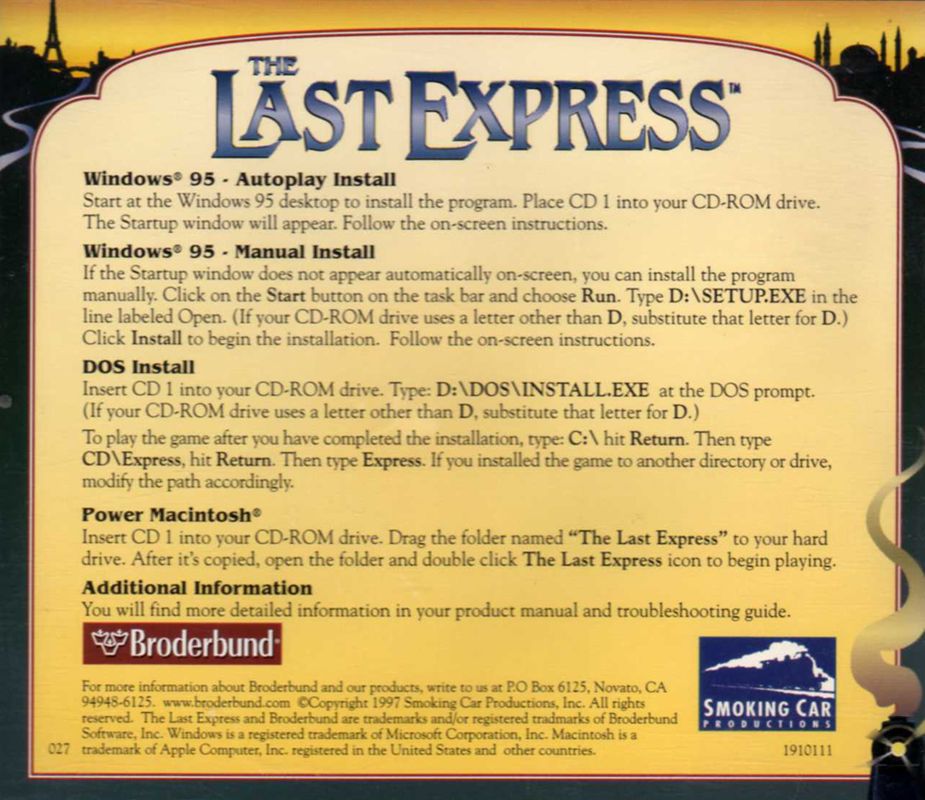 Other for The Last Express (DOS and Macintosh and Windows): Jewel Case - Back