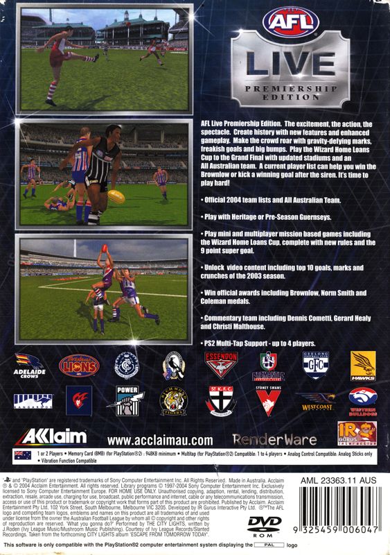 Back Cover for AFL Live: Premiership Edition (PlayStation 2)