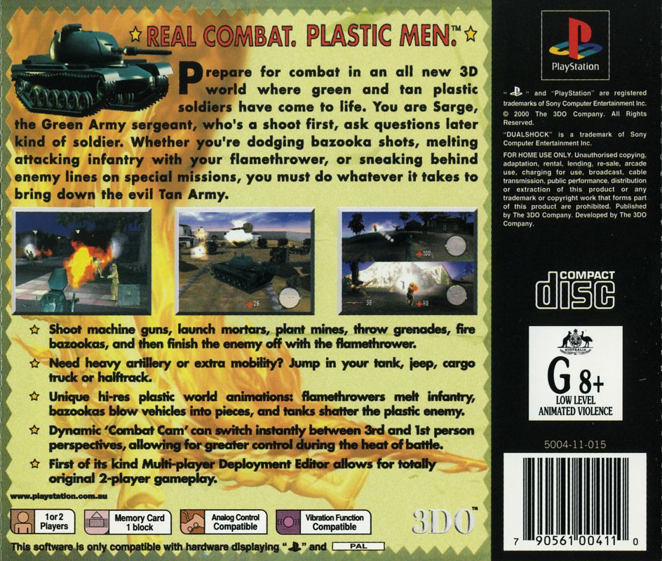 Back Cover for Army Men 3D (PlayStation)