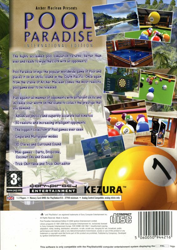 Back Cover for Archer Maclean Presents Pool Paradise (PlayStation 2) (International edition)