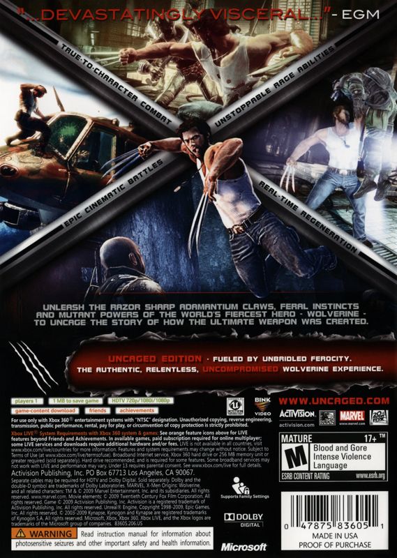 Back Cover for X-Men Origins: Wolverine - Uncaged Edition (Xbox 360)