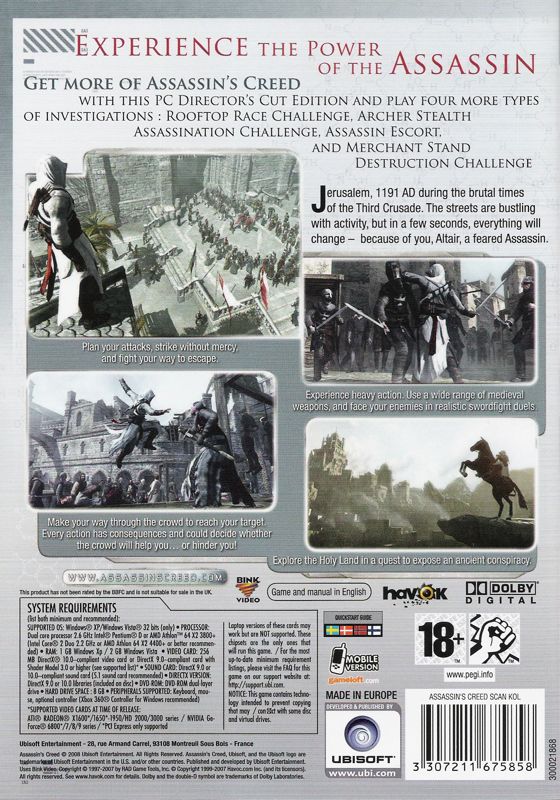 Back Cover for Assassin's Creed (Director's Cut Edition) (Windows) (Ubisoft Exclusive release)