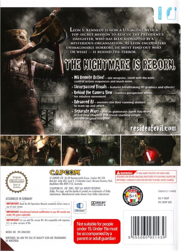 Back Cover for Resident Evil 4 (Wii) (Second release)
