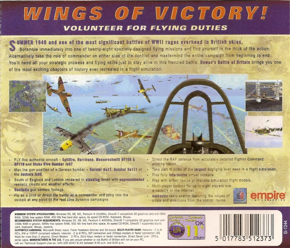 Other for Rowan's Battle of Britain (Windows): Jewel Case - Back