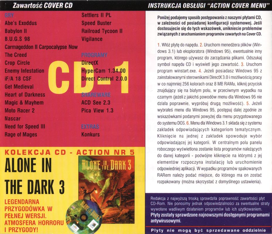 Other for Alone in the Dark 3 (DOS) (CD-Action magazine 11/1998 (game) & 09/1999 (alternative cover) covermount): Jewel Case - Back