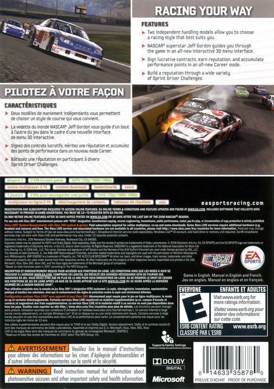 Back Cover for NASCAR 09 (Xbox 360)